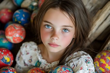 Caucasian female child with blue eyes surrounded by colorful artistic balls
