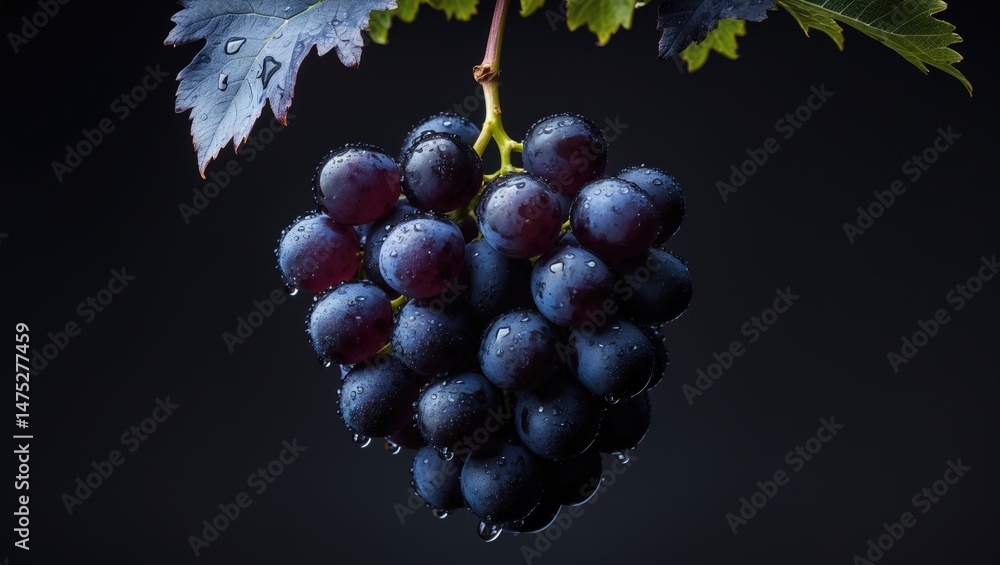 Poster dark setting highlighting a fresh, wet grape bunch isolated from background
