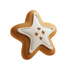 Star-shaped gingerbread cookie with white icing and small cut-out stars isolated on transparent background