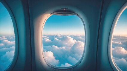 Sky filled with fluffy clouds visible from inside an airplane cabin
