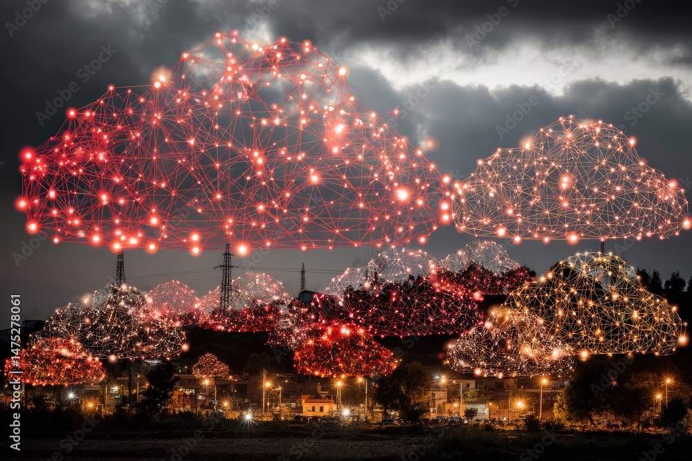 Aufkleber digital clouds with glowing connections hover above a city, symbolizing cloud computing and modern t