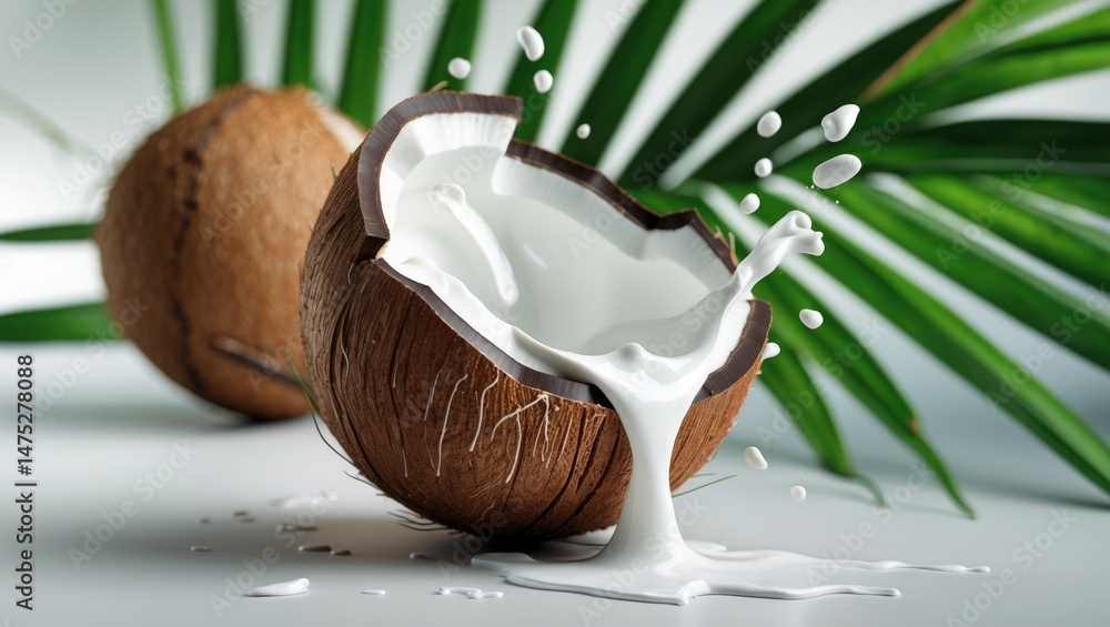 Poster splash of milk with coconuts and greenery