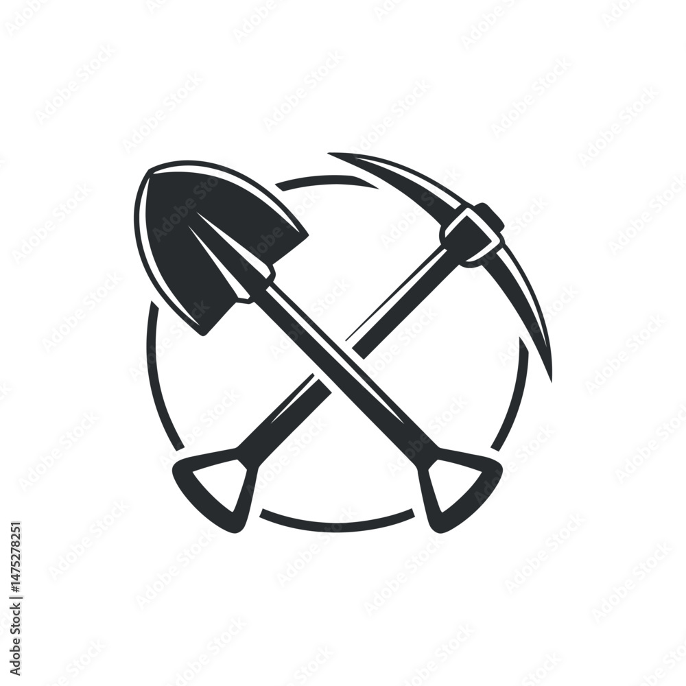 Poster crossed shovel and pickaxe mining tools icon in circle design element