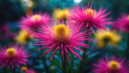 Close-up image of flowers with rich hues and illuminated centers, set against a blurred background. The delicate, elongated petals radiate outward from the center, creating a bold and lively