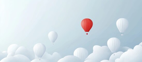 Obraz premium Red hot air balloon stands out among white balloons soaring above fluffy clouds.