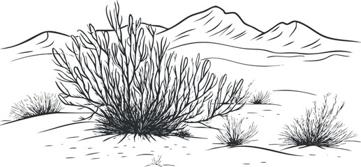Black and white line drawing of desert landscape with bushes and distant mountains