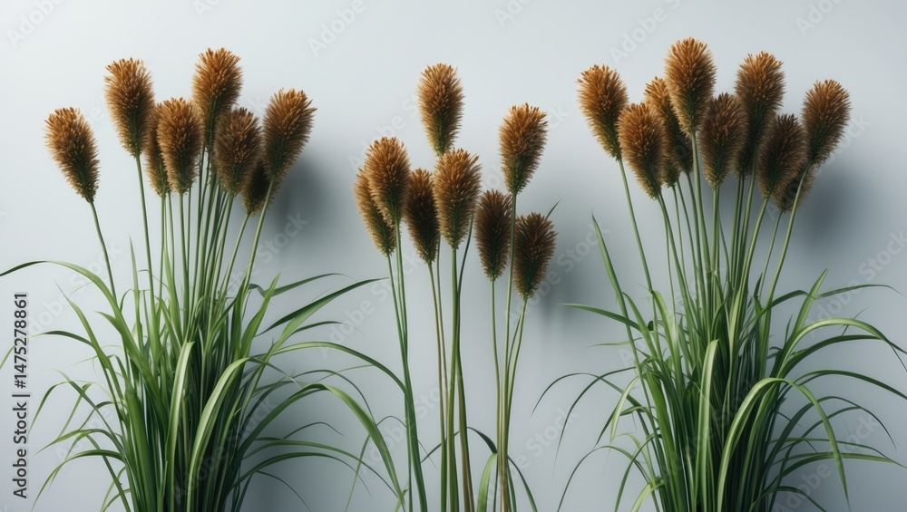 Poster reed and cattail plants separated from background with wild grass