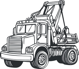Black and white illustration of a tow truck with detailed lifting mechanism and wheels