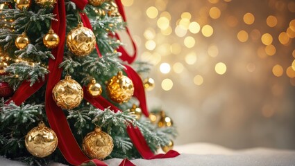 Out-of-focus lights on a gold Christmas backdrop featuring a decorated tree
