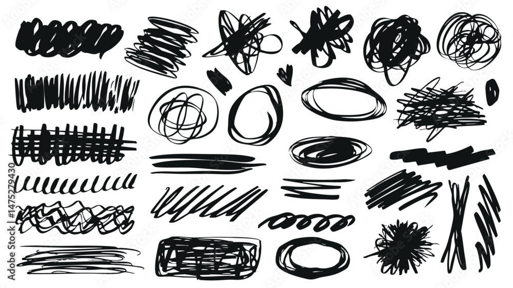 Poster scribble shapes set of marker brush stroke texture. doodle handwriting elements with black abstract 