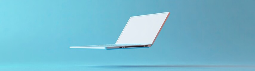 White laptop levitating against a light blue background.