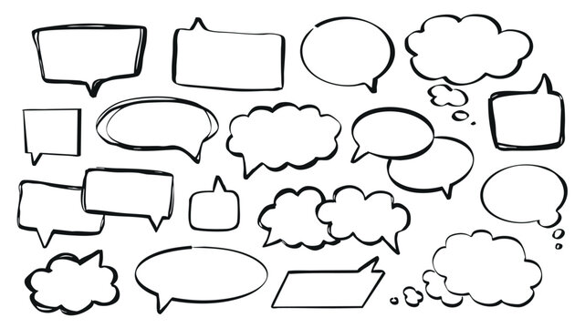 Speech bubbles set of marker brush stroke texture. Doodle handwriting elements with black empty communication frames for text messages in oval, cloud, rectangle and other shapes. Vector illustration.