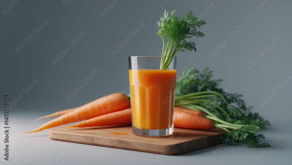 Poster homemade orange carrot juice displayed on a clean board with a nature-inspired backdrop