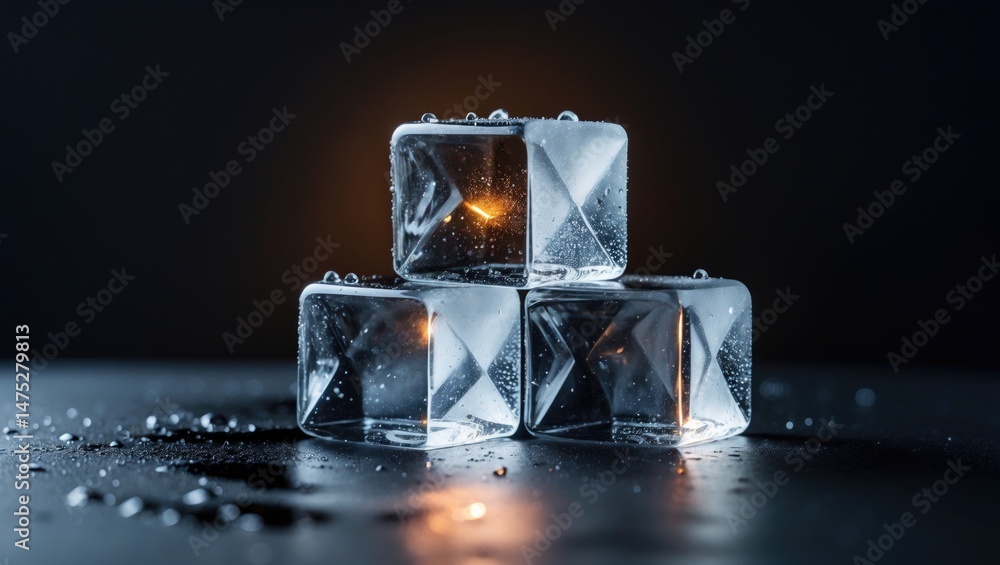 Poster ice cubes and their reflections on the surface of a table.
