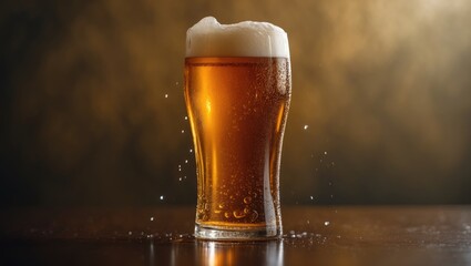 Glass of Ice-Cold Beer with Water Drops and Craft Beer Pouring