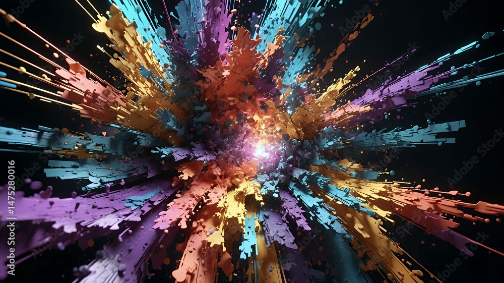 Poster dynamic abstract background featuring vibrant color bursts emanating from a central light source.