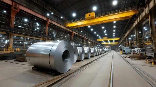 Rolls of sheet metal in the middle of a metallurgical plant.