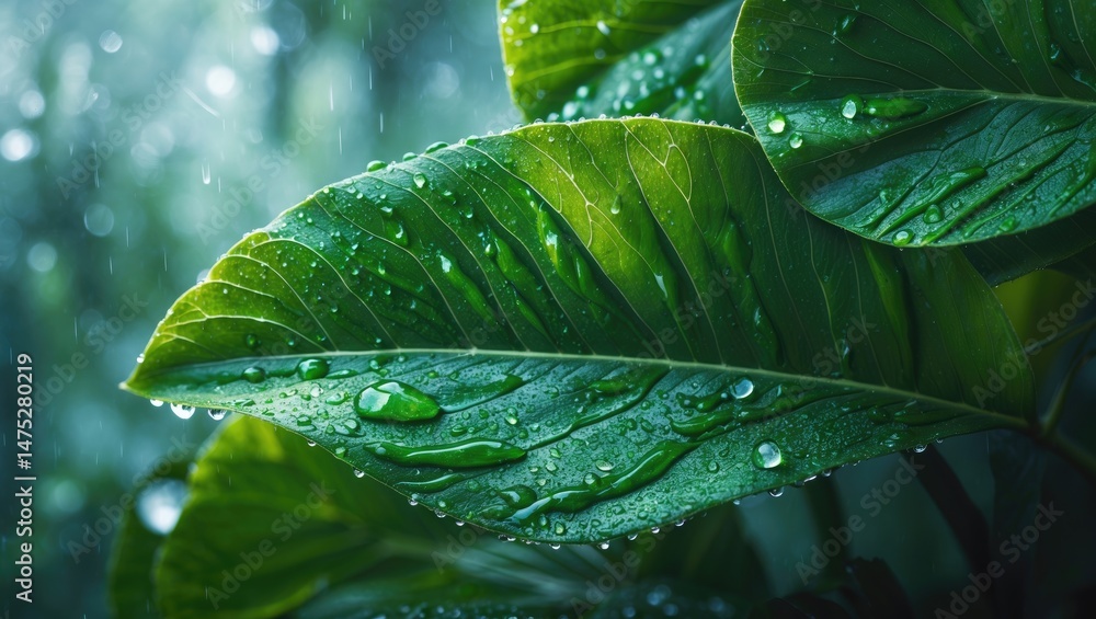 Poster green foliage with dew droplets on abstract summer background