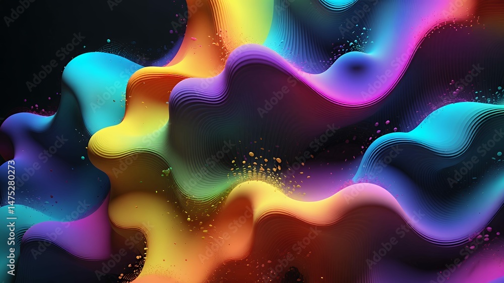 Poster abstract waves of flowing neon gradient colors with textured lines against a dark backdrop glow.