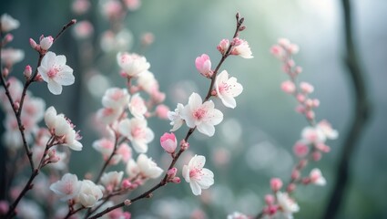 Magnified image of blooming branches showcasing delicate white and pink flowers in a lush garden setting