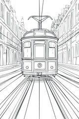 Black and white line art of a vintage tram on city street tracks with surrounding urban buildings.