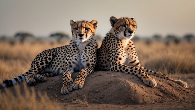 Fototapeta Cheetah mother and cub roaming the grasslands during safari