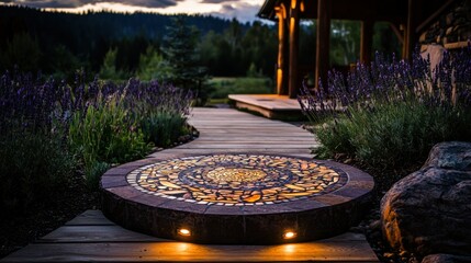 A beautiful garden pathway with mosaic and illuminated features
