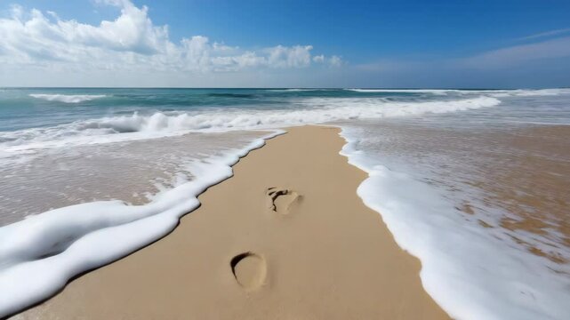 A beach with a body of water and a path of footprints in the sand.