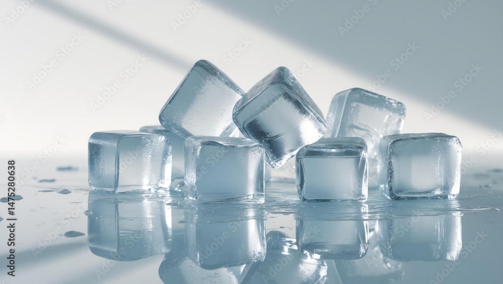 Aufkleber natural crystal clear ice cubes on a background with a reflective surface as they melt.