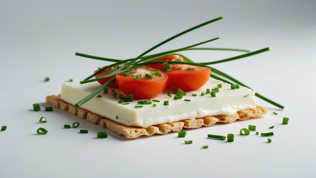 Cheese, chive, and cherry tomatoes on crispbread, isolated against a background