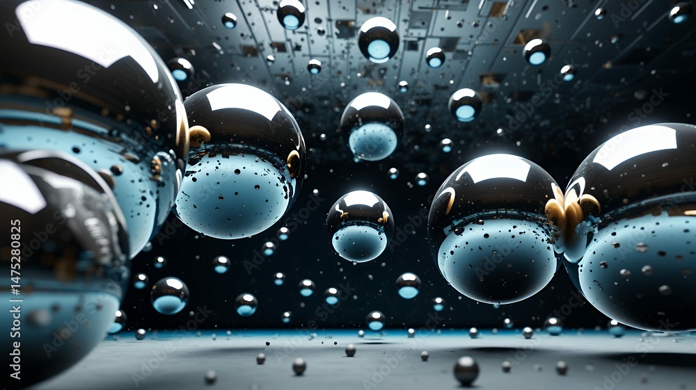 Poster abstract chrome spheres float in a futuristic, low-gravity environment with subtle lighting effects.