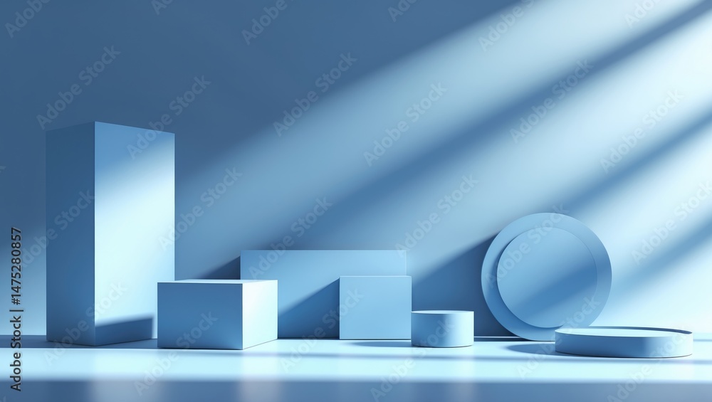 Poster blue background showcasing product presentation with light and shadows. mockup with empty podiums.