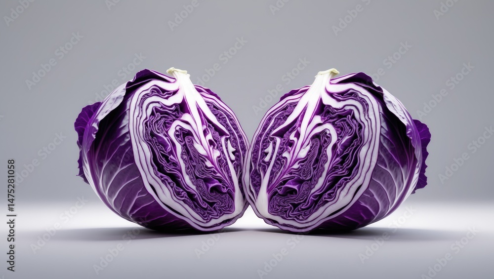 Poster halved red cabbage set on a background with a clipping path.