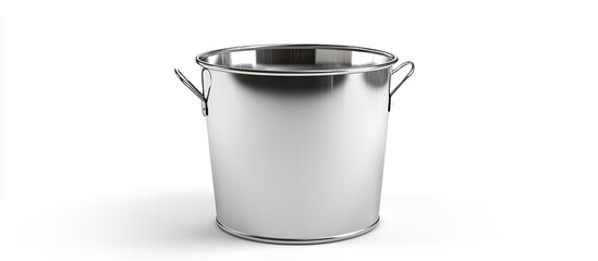 Stainless steel bucket with handles, isolated on white background.