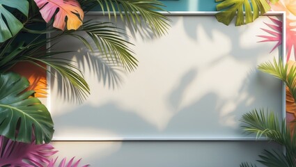 Colorful tropical leaf collage on background creating an abstract and vibrant summer theme with space for copy and decorative border