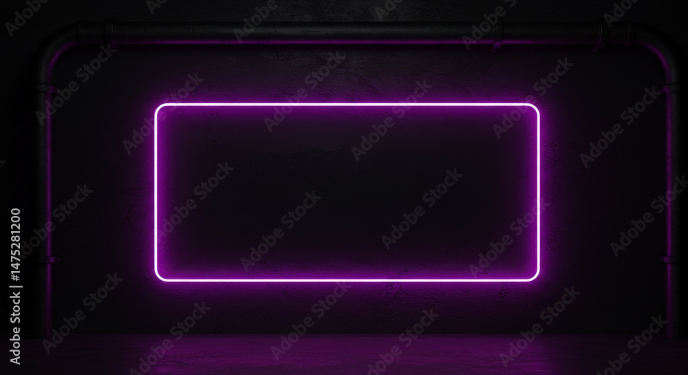 Poster purple neon light rectangle frame displaying energy on dark background abstract design