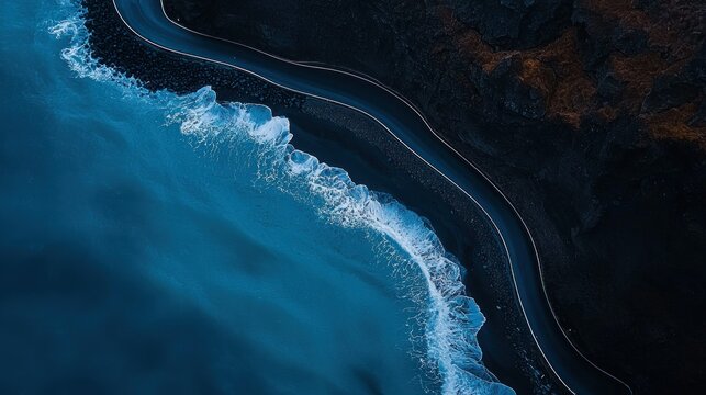 A coastal road curving along ocean waters and dark cliffs