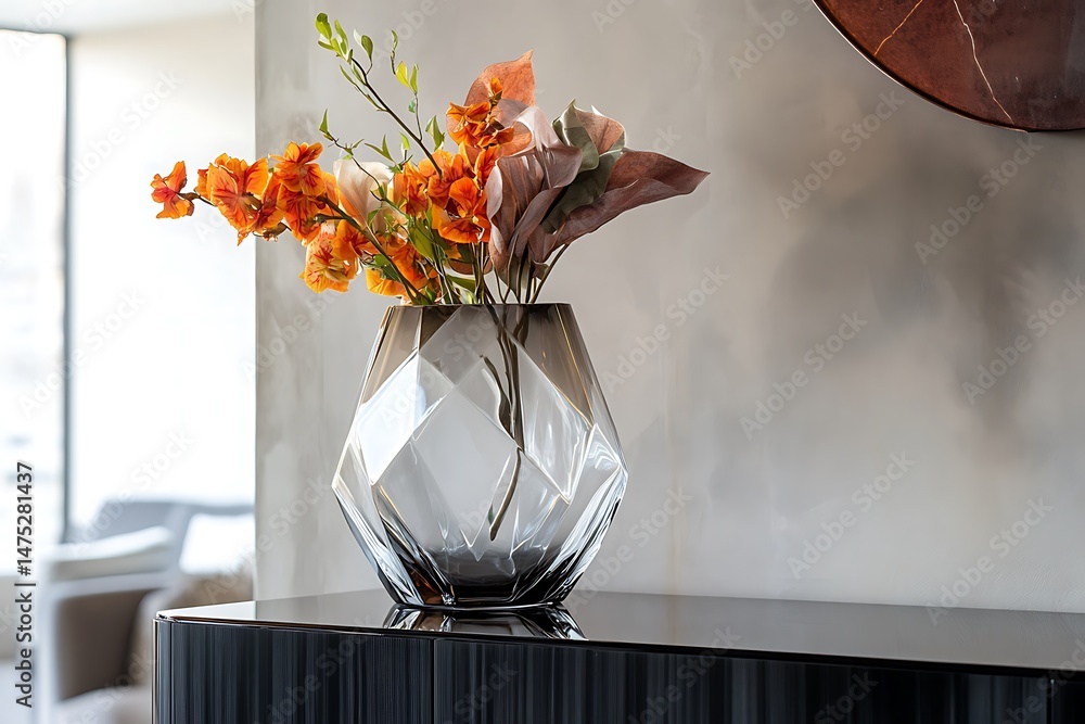 Poster angular modern glass vase with sharp geometric edges displayed on a sleek black console table