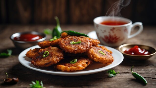Tasty Kanda Bhaji: Crispy Fried Onion Pakora, a Favorite Street Food Snack Enjoyed with Tomato Ketchup and Hot Tea