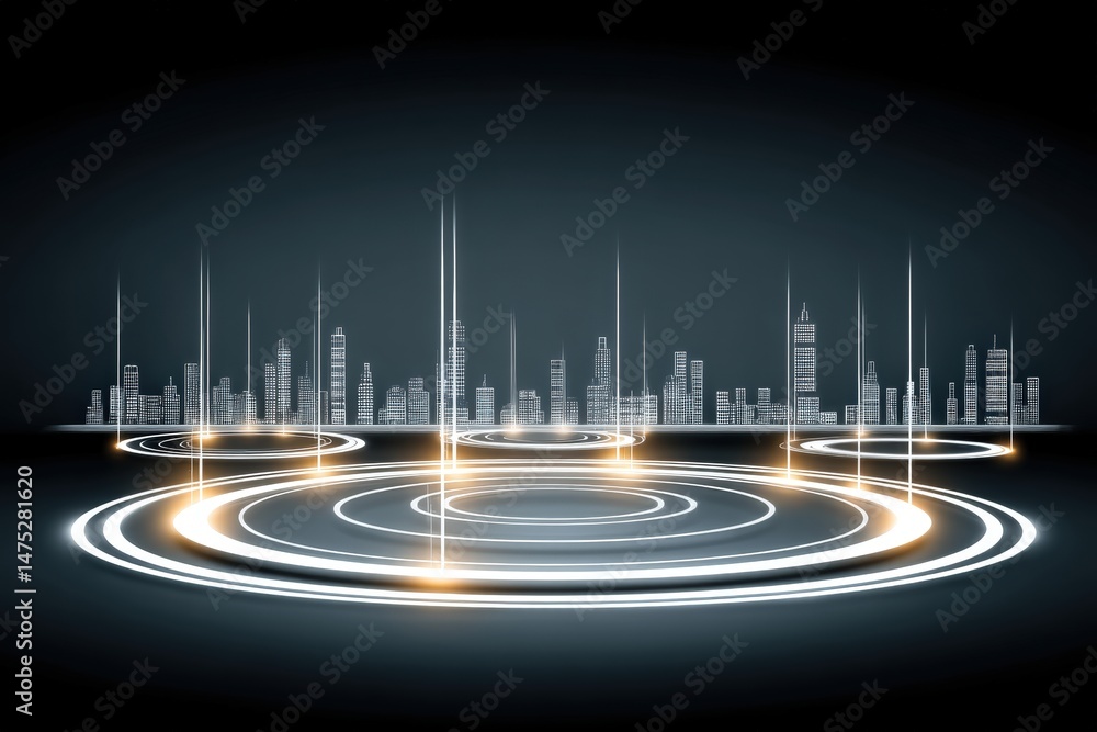 Poster a glowing digital cityscape with futuristic buildings and illuminated circular patterns on a dark ba