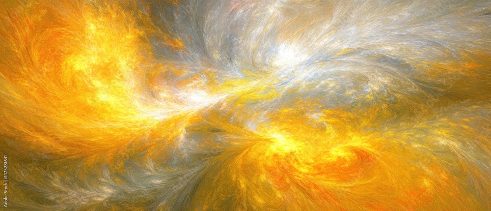 Poster abstract fractal art in gold and silver tones swirling with energy and light creating a dynamic and 