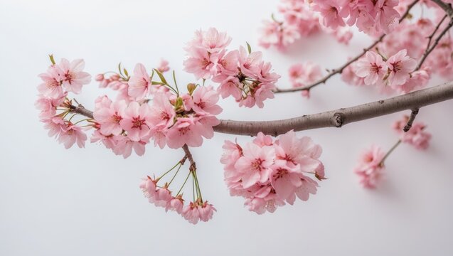 Springtime cherry tree branches with delicate white and pink flowers on a white backdrop