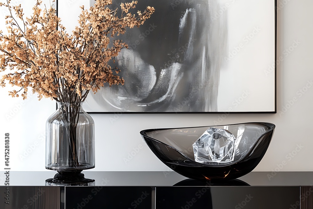 Poster angular modern glass vase with sharp geometric edges displayed on a sleek black console table