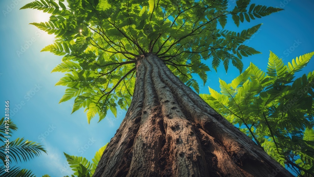 Poster viewing fern trees from below in a dense forest setting