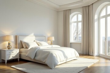 Airy, elegant bedroom with white furniture and neutral tones, Clean, Bedroom