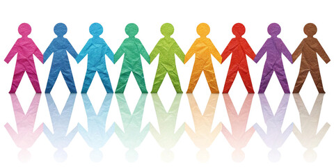 colorful paper cutout figures holding hands in rainbow diversity chain isolated on white background.