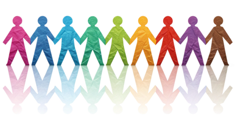 colorful paper cutout figures holding hands in rainbow diversity chain isolated on white background.