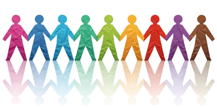colorful paper cutout figures holding hands in rainbow diversity chain isolated on white background.