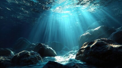 Obraz premium A 4K photo of underwater view of the dark blue sea with rocks and sun rays.