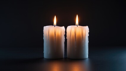 Dark background illuminated by two large burning candles, perfect for a romantic evening with RIP darkness theme